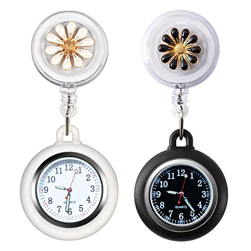 Nieeegy Relojes de enfermera, relojes de enfermera retráctiles, 2 relojes de enfermera con puntero luminoso y clip, reloj de bolsillo para mujeres hombres, reloj de solapa (negro + blanco), c