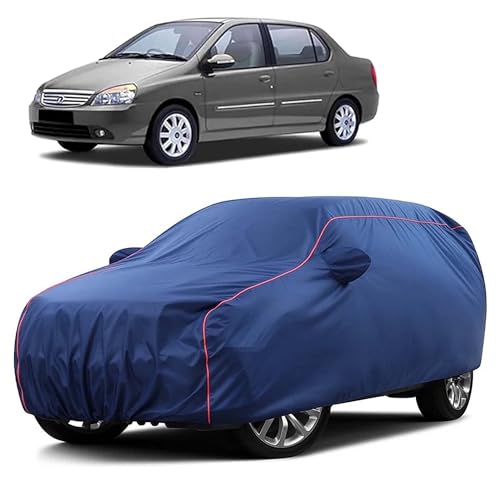 Image of Sulfar 100% Water Resistant Car Body Cover Compatible with Mirror for Tata Indigo XL (Triple Stitched, Full Bottom Elastic, Blue Taffeta with Red Piping)