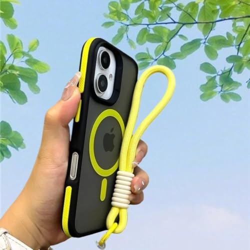 Coque aimantée iPhone 16 Plus jaune mate anti-chute avec cordon