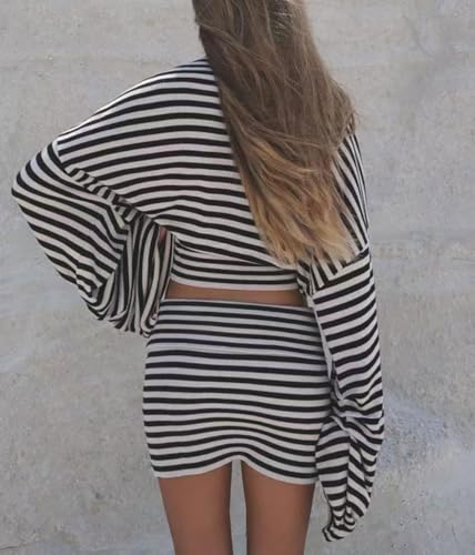 chouyatou Women's Striped 2 Piece Outfits Bell Long Sleeve Sweater Crop Top and Package Hip Knit Mini Skirt Sets3