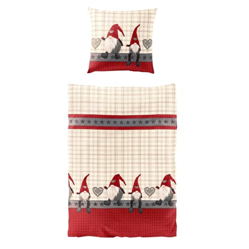 one-home Flausch Bettwäsche 135x200 cm Wichtel Christmas kariert rot Winter Thermofleece