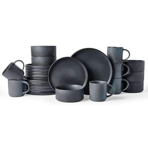 Image of Famiware Star Dinnerware Set with Mugs, Service for 6 (24 Pieces), Ribbed Stoneware Plates and Bowls Dishes Sets - Chip & Scratch Resistant, Microwave & Dishwasher Safe, Matte Dark Charcoal