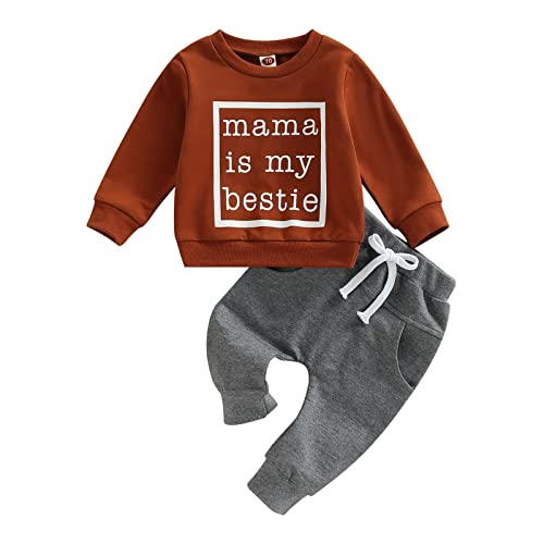 Image of Karuedoo Toddler Baby Boy Clothes Letter Print Crewneck Sweatshirt Top Long Pants 2PCS Fall Winter Outfits Set (Mama's is My Bestie-Dark Brown, 0-6 Months)