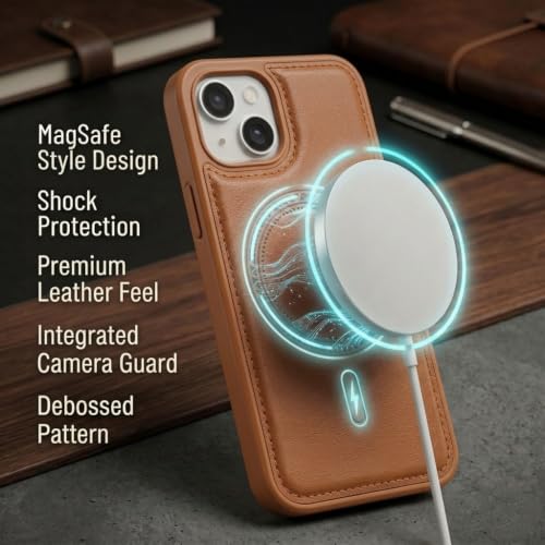 Image of amazon basics Premium PU Leather Case for iPhone 11, MagSafe Compatible Magnetic Ring, Sleek Protective Back Cover - [Tan]