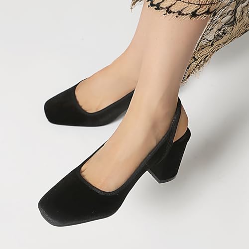 Women's Slingback Chunky Heels 1950s Closed Toe Mary Jane Pumps Shoes Black Green Velvet Buckle Strap Wide Platform Wedding Dress Shoes3