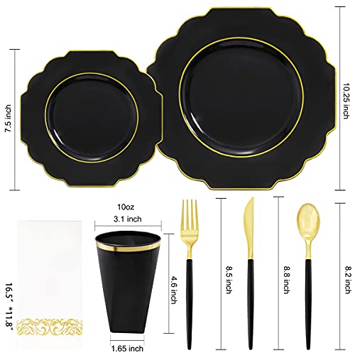 Nervure 140Pcs Black Plastic Plates & Gold Plastic Silverware With Black Handle - Gold Disposable Plates Include 40Plates, 20Forks, 20Knives, 20Spoons, 20Cups, 20Napkins Perfect For Wedding & Party #TOP1