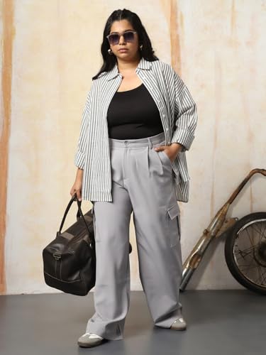 Image of HIGH Star Oversized Striped Cotton Shirt for Women | Stylish Tops for Women | Comfortable and Trendy Casual Shirt
