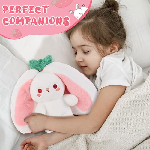 Edencomer Hasen Verstecken, Erdbeer-Hase Plüschtier mit Reißverschluss - Verwandelt Sich durch Umklappen in Kuschelhasen, Oster Geschenk für Kinder (10inch/ 25cm)