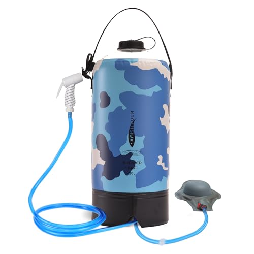 【AFISHTOUR 】携帯シャワ - ポータブルキャンプシャワ - 20L ソーラーシャワー水袋 フットポンプ、ホース、シャワーヘッド付き - キャンプ、ビーチ、スイミング、ハイキング、アウトドア旅行用(ブルー)