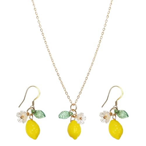 KHRYPTXH Lemon Earrings and Necklace Set for Women, Cute Fun Fruit Jewelry
