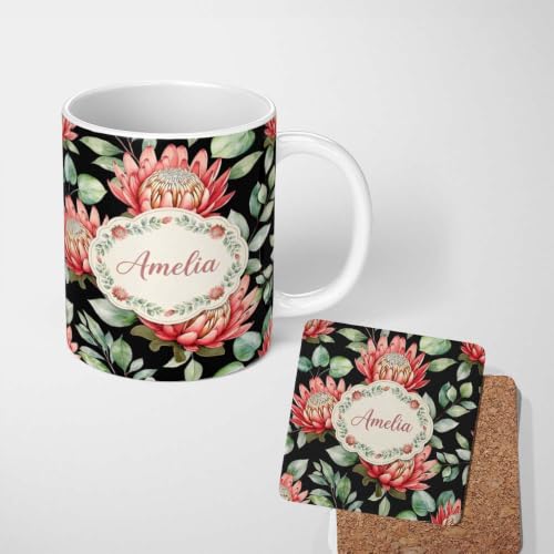 Image of Elegant Protea Flowers Ceramic Mug Large Handle Personalised Custom Name