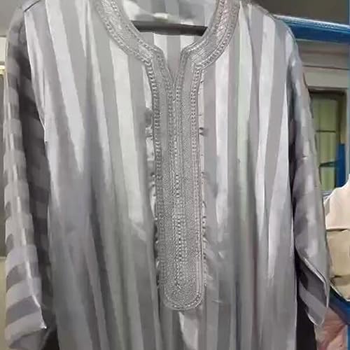 ElzEy Men's Kaftan V-Neck Robe Short Sleeve Arabic Islamic Shirt Embroidery Casual Loungewear Long Thobe Gown3