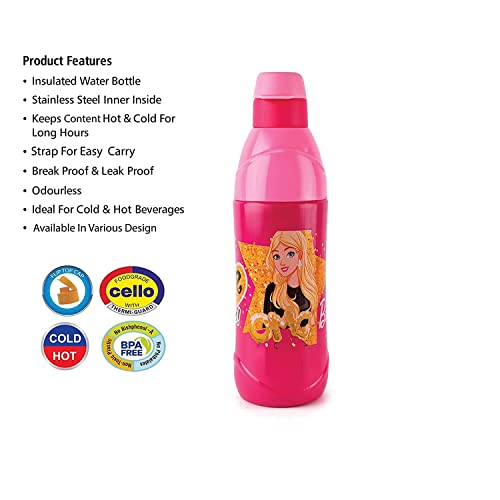 Image of Cello Puro Steel-X Kids Zee 600 | Water Bottle with Inner Steel and Outer Plastic | Insulated Water Bottle | 540 ml, Barbie Design, Pink