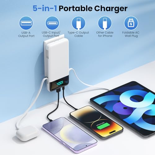 Image of Portable Charger Power Bank for iPhone with Built-in Cables and AC Wall Plug, 13800mAh Ultra Slim Travel Essentials,USB C Fast Charging External Battery Pack for iPhone 17 /16 /13,Galaxy,Android-White