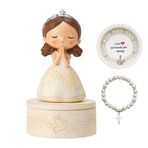 Product Image of the First Communion Gift Set for Girls - Resin Prayer Girl Figurine with Dove & Olive Branch Design, White Religious Keepsake Statue, Pearl Necklace Cross Pendant, Gift Box Set with Inspirational Message
