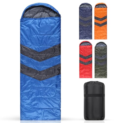 Trimming Shop 4 Season Waterproof Sleeping Bag for Single 6ft Adult, Double Sided Zip, Lightweight Backpacking Sleeping Bag, Blue