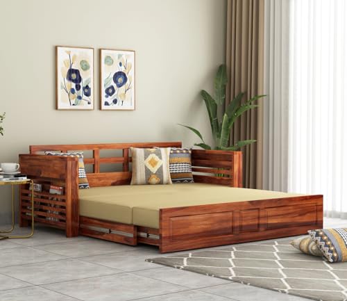 Image of Mamta Furniture Solid Sheesham Teak Wood 3 Seater Sofa Cums Bed for Home Furniture, Living Room Wooden | Without Pillow | with Storage | Natural Finish - Brown