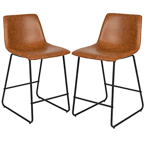 Butacos de altura para barra Flash Furniture Reagan, estilo moderno de mediados de siglo, con reposapiés, cuero suave, juego de 2, marrón claro miniatura 1