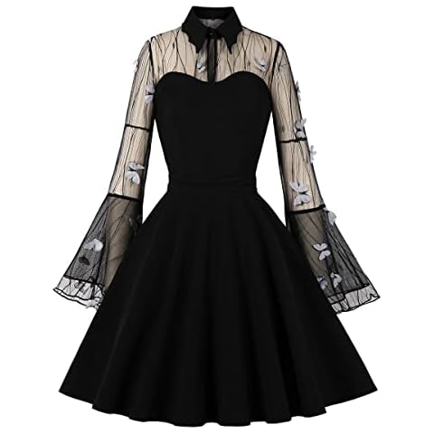 Wellwits Vestido de cóctel de manga larga con campana de malla de ojo de cerradura para mujer, Bordado de mariposa gris Cover