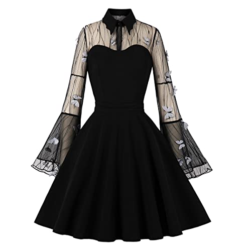 Wellwits Mujer Vestido de Cóctel Vintage Gótico de Manga Larga de Malla Cerradura, Broderie de Papillon Gris, L Cover