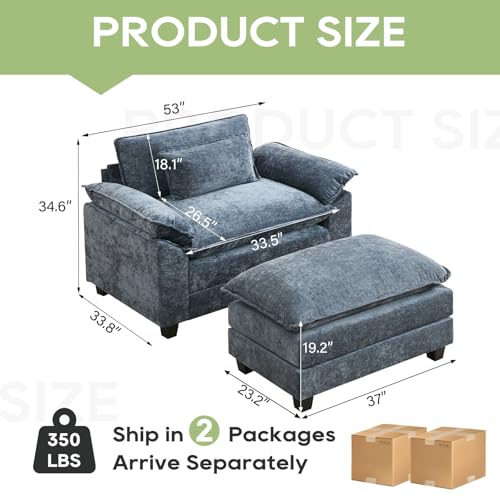 Image of Oprisen 53 inch Modular Sectional Sofa, Comfy Cloud Couch Sectional Sofa with Ottoman, Chenille Sofa Sleeper Deep Seat Sofa with Throw Pillows for Living Room (Blue)