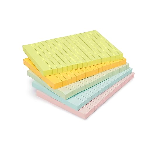 Amazon Basics Lined Sticky Notes, 4x6" Self-Stick Pads with Clean Removal Adhesive for To Do List, Home, Office, Notebook, Assorted Colors, 100 Sheets/Pad, Pack of 5