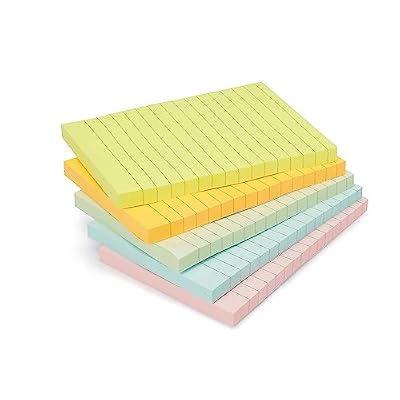 Amazon Basics Lined Sticky Notes, 4x6" Self-Stick Pads with Clean Removal Adhesive for To Do List, Home, Office, Notebook, Assorted Colors, 100 Sheets/Pad, Pack of 5