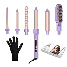 AIKO PRO 6 in 1 Interchangeable Ceramic Curling Iron, Curling Wand Set with Hair Straightener Brush, Instant Heat-Up, Auto Shut Off with LCD & Temperature Adjustment Include Glove, Dual Voltage