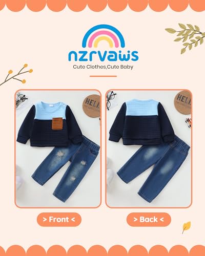 Image of NZRVAWS Toddler Baby Boy Clothes Pullover Sweater Ripped Jean Sweatsuit Little Boy Outfit Fall Winter Clothing Set 6M-7T
