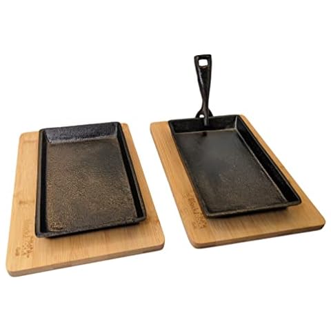 Black Rock Grill Cast Iron Skillet, Sizzler Plate, Fajita Skillet + Wooden Board 2 Set Cover