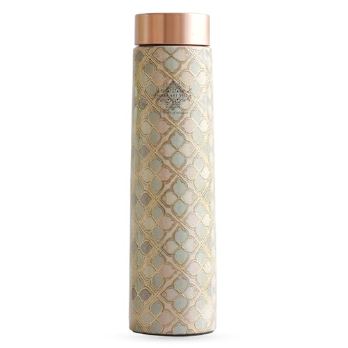 Image of INDIAN ART VILLA Copper Gold Print Copper Bottle, Copper Drinkware, 800 ML, Gold Printed White