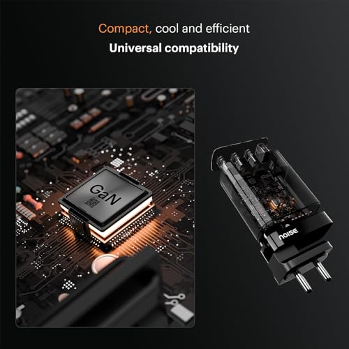 Image of Noise GaN Charger 65W + Type-C to Type-C 65W Braided Cable (1M) Combo: 3 Ports (2 USB-C Type, 1 USB-A), Super Fast Charging Adapter with PD, Supports All iPhones, Android (Black)
