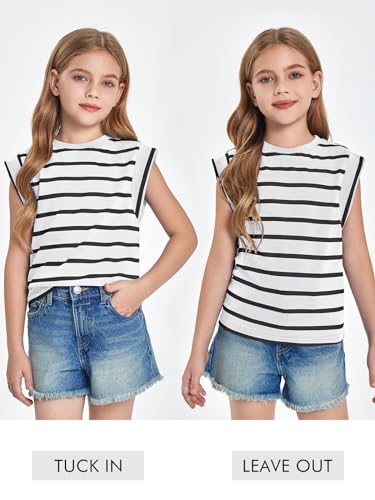 Image of Haloumoning Girls Cap Sleeve T Shirts Summer Striped Tank Tops Tees 4-14 Years