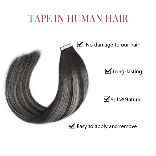 Image of Sixstarhair Black Balayage Tape in Hair Extensions Human Hair Ombre Off Black to Silver with Natural Black Tape in Human Hair Extensions Seamless Skin Weft 20pcs /50g [Color 1BT1B-silver# 20inch]