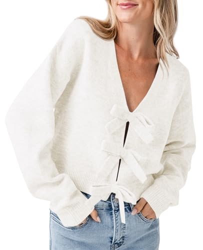 Image of Saodimallsu Womens Bow Sweater Cropped V Neck Long Sleeve Pullover Tops | Soft Cozy Knit, Two-Way Wear Design, Front & Back Bow, Cute Fall Tops 2026, Winter Fashion, Dressy Casual Holiday Outfits