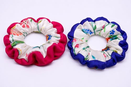 Image of Satin Scrunchies Hair Bands for Women | No-Damage Elastic Hair Ties for Ponytails & Buns | Fluffy & Stylish Rubber Bands | Extra Large Size | Pack of 2 (Floral Print Combo)