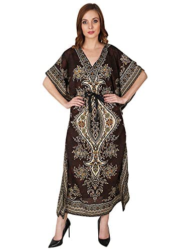 UKAL Women's V-Neck Kaftan Dresses Tunic Kimono Maxi Caftan Plus Size Lounge Dress (Brown)