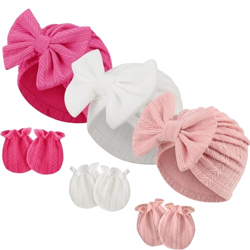 Image of BQUBO Newborn Girls Hats Baby Hat and Mittens Set Infant Caps Bow Hospital Beanie with No Scratch Mittens for Baby Boys Girls