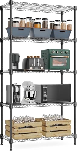 Xcity Storage Shelves, 5 Tier Heavy Duty Metal Shelving Unit, 2000 LBS Adjustable Steel Wire Shelf for Commercial, Pantry, Kitchen, Garage, 14″ D x 30″ W x 60″ H, Black
