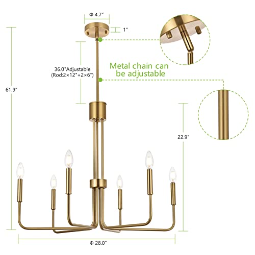 Niloah Modern Gold Chandelier For Dining Room, 6-Light Brushed Gold Chandeliers, Dining Room Light Fixtures Over Table 28 Inch, Adjustable Height #TOP2
