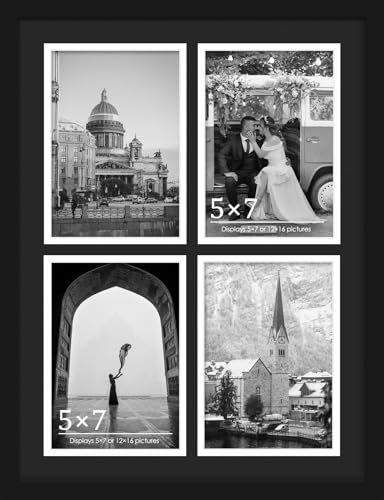 Image of DUENPY 12x16 Collage Picture Frame 5x7 Collage Picture Frame, Displays Four 5x7 inch Photos, Wall Decor Wall Hanging or Tabletop, Black Mat.