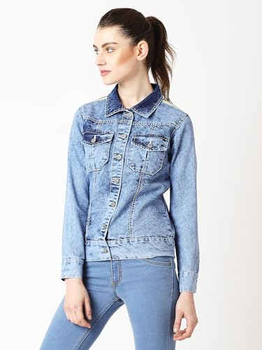 Image of Miss Chase Women's Polo Neck Full Sleeves Patch Pocket Denim Overcoat Knee-Length Jacket