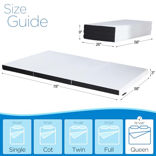 Folding Mattress Queen Size, 3 inch Tri-fold Memory Foam Mattress Topper with Washable Cover,Foldable Mattress Topper for Camping,Road Trip,Guest - Queen Size, 78" x 58" x 3"