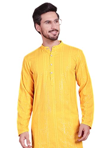 Image of Jompers Men's Regular Fit Rayon Sequins Chikankari Embroidered Kurtas