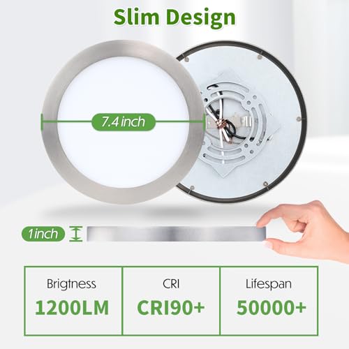Image of Flush Mount Ceiling Light Fixture, 7 Inch LED Modern Kitchen Light, Metal and Glass, Slim Dimmable Brushed Nickel Ceiling Light for Low Ceiling, 17W, 3000K, 2 Pack