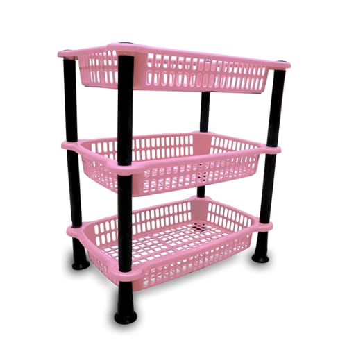 Image of patidar brothers Plastic 3 Layer Multi-Purpose Kitchen Storage Basket Rack|Vegetable Basket For Kitchen (color:Navy Pink)