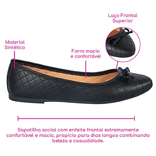 Sapatilha Sapato Feminino Bico Redondo Bordado Matelassê Salto Baixo Confortável (Íris, br_footwear_