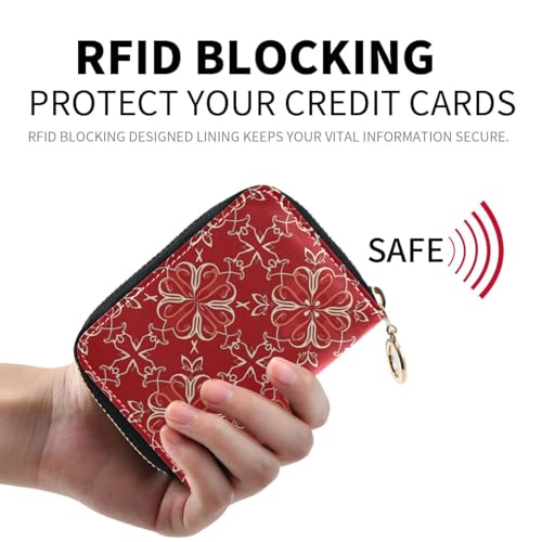 Credit Card Holder Wallet for Women RFID Blocking Zipper Card Cases Paisley Boho Red Leather Slim Small2