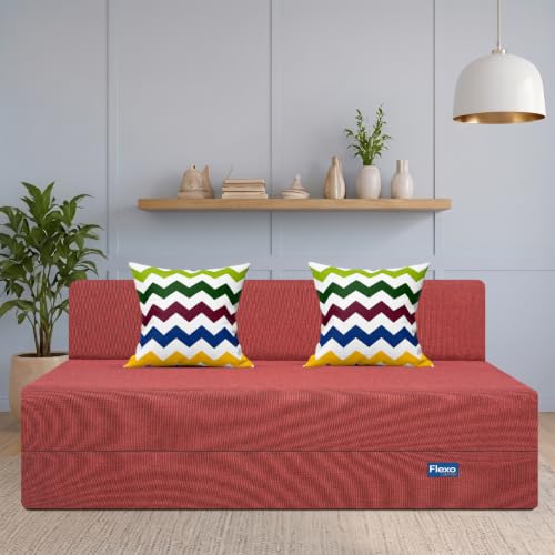 Image of Starlon 3 Seater Foldable Sofa Cum Bed 3-in-1 with 2 Waves Pattern Pillows, Washable Jute Fabric Cover, Space Saving Guest Bed, Pre-Assembled Royal Maroon 6x6.5 Ft