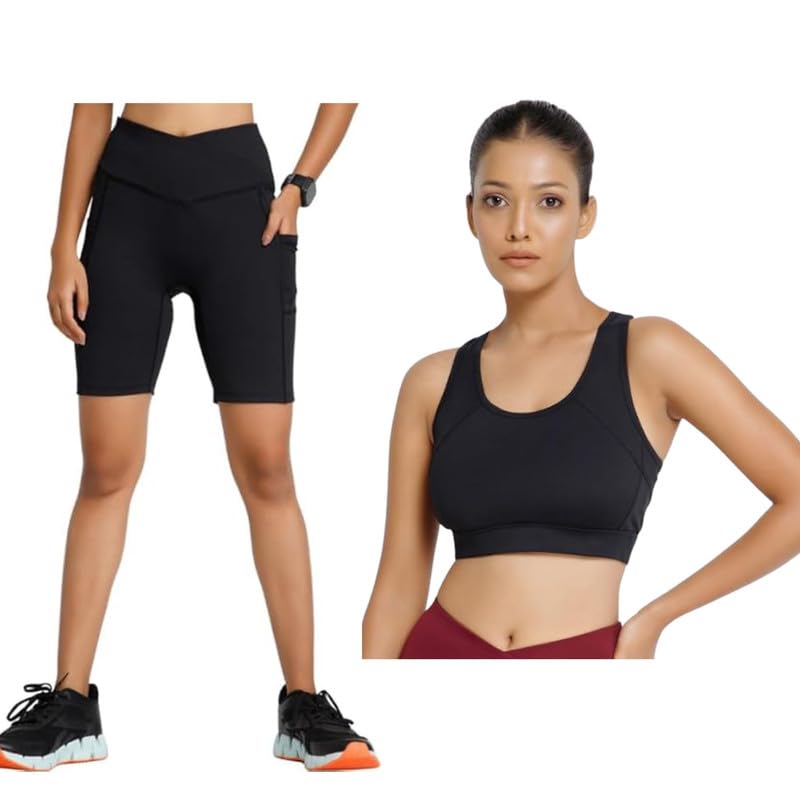 Black Shorts & Sports Bra Set for Women - Lightweight, Supportive & Stylish Activewear for Workouts, Yoga & Casual Wear-image-21